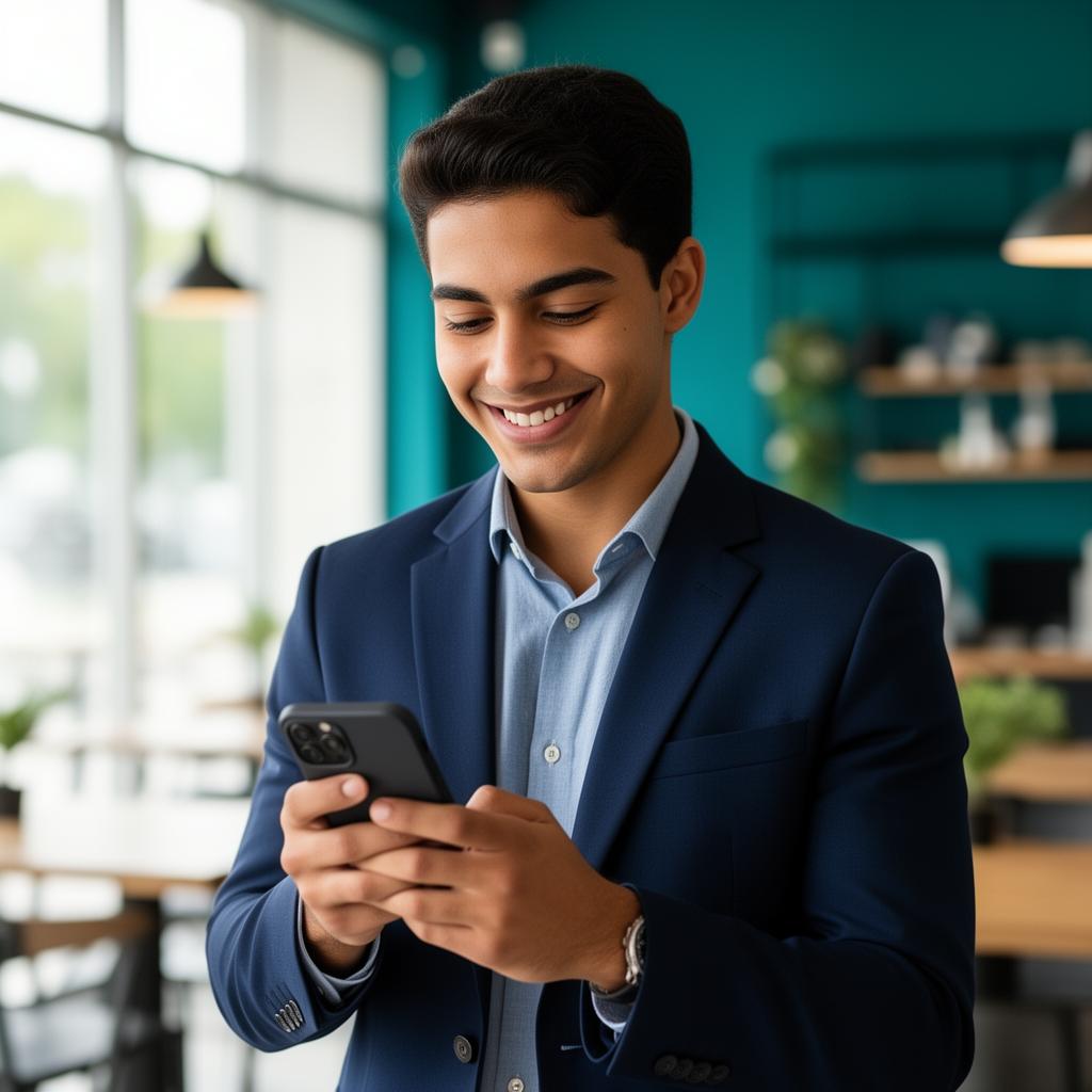 Jovem profissional CLT sorrindo ao consultar saldo no celular