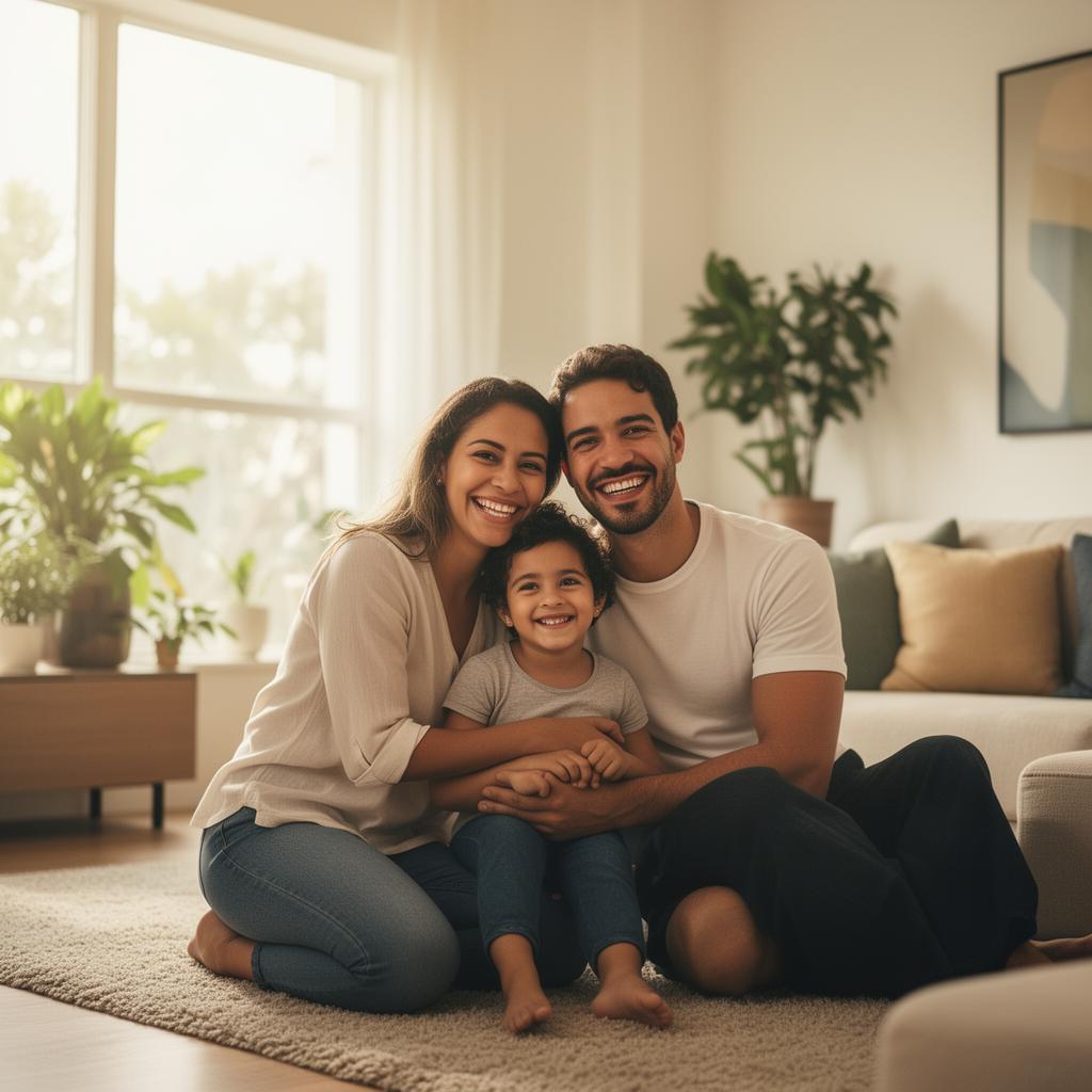 Família feliz em sala iluminada economizando na conta de luz