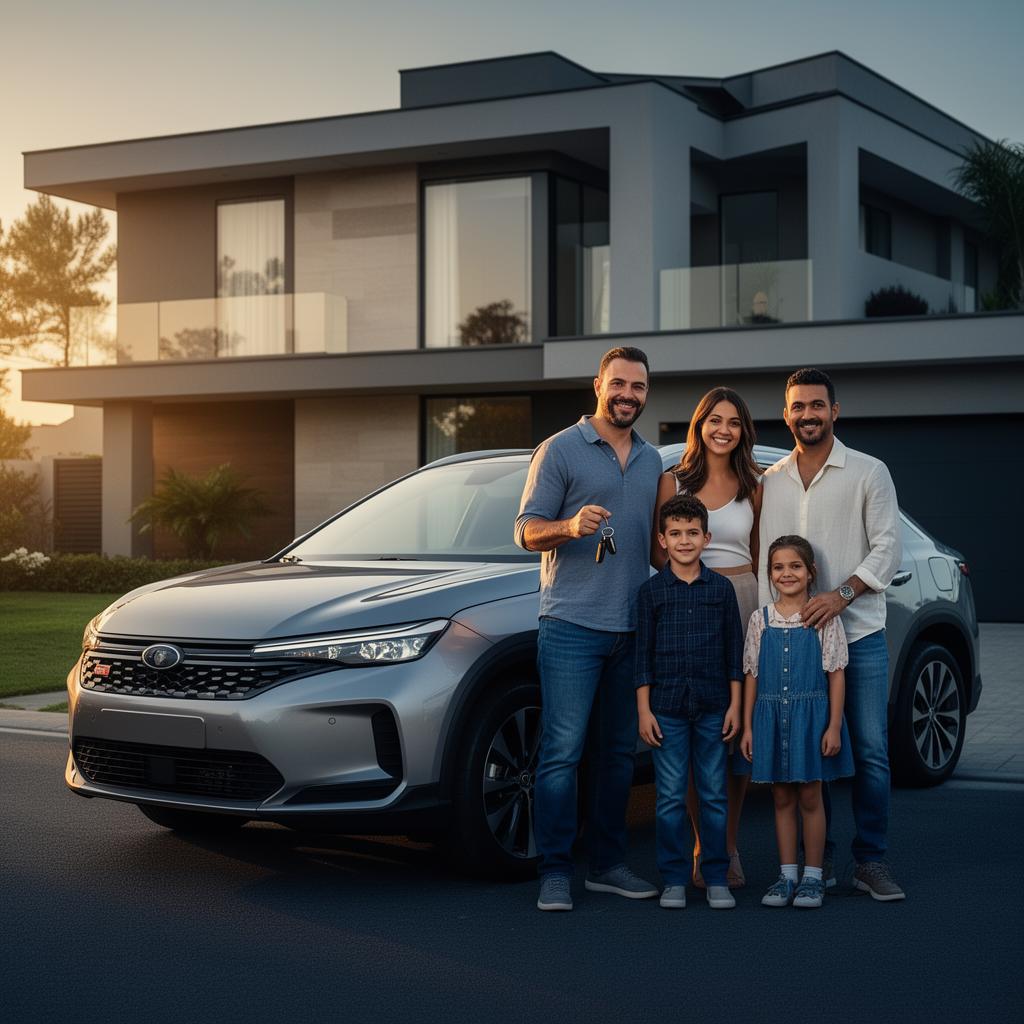 Família orgulhosa em frente a casa moderna e carro novo segurando as chaves